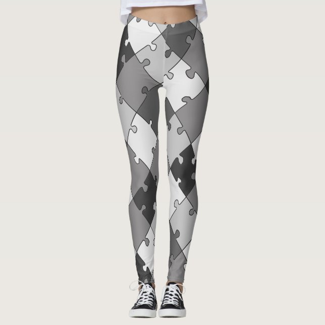 Playful Diagonal Jigsaw Puzzle Grey Tones Leggings (Front)