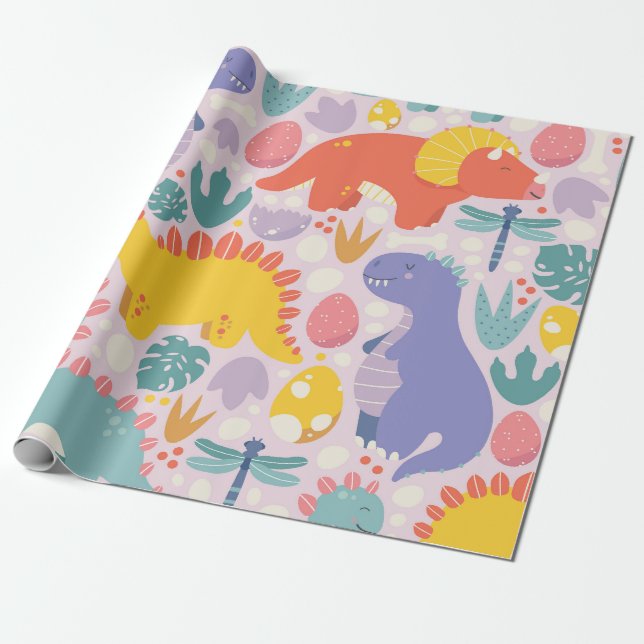 Playful Dinosaur Adventure Wrapping Paper (Unrolled)