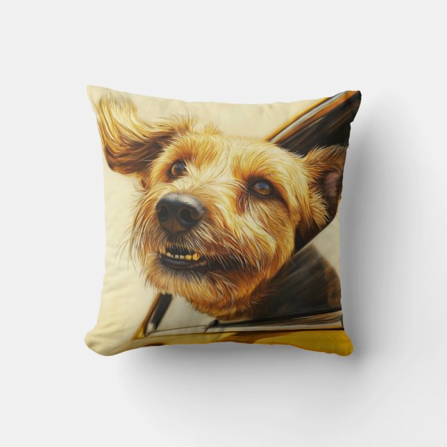 Playful Dog Enjoying Car Ride Art Print Cushion (Front)