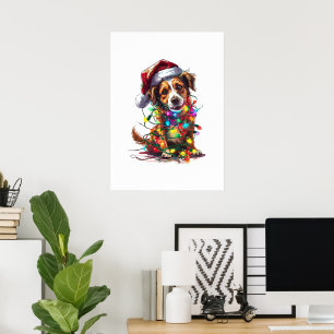 Playful Dog in Santa Hat in Christmas Lights Poster