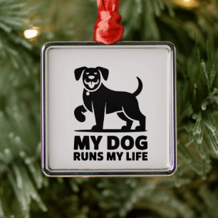 Playful Dog Outline "My Dog Runs My Life" Art Metal Tree Decoration