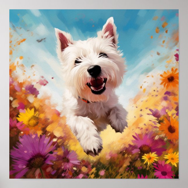 Playful Dog Running through Colourful Flowers Poster (Front)