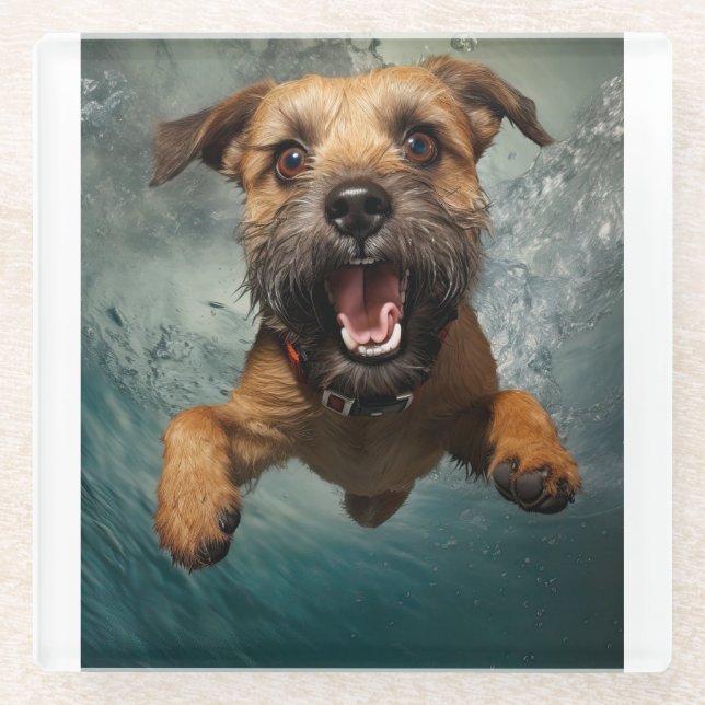 Playful Dog Swimming Underwater Design Glass Coaster (Front)