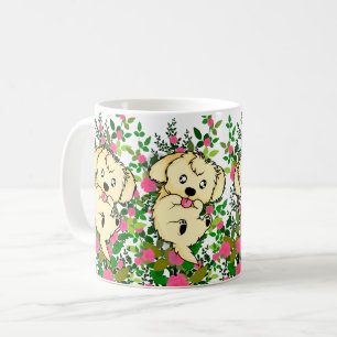 Playful Dog with Garden Roses and Nature Flowers Coffee Mug