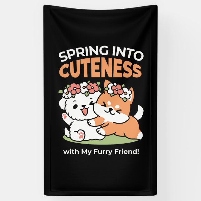 Playful Dogs with Flower Crowns – Fun Spring Theme Banner (Vertical)
