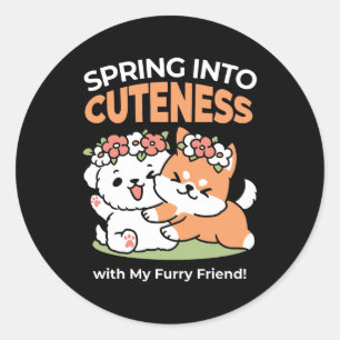 Playful Dogs with Flower Crowns – Fun Spring Theme Classic Round Sticker
