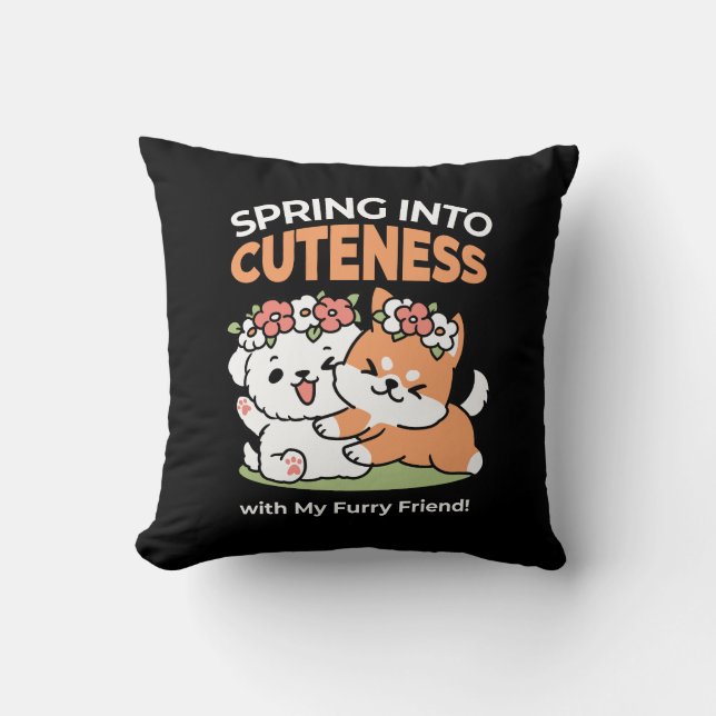 Playful Dogs with Flower Crowns – Fun Spring Theme Cushion (Front)
