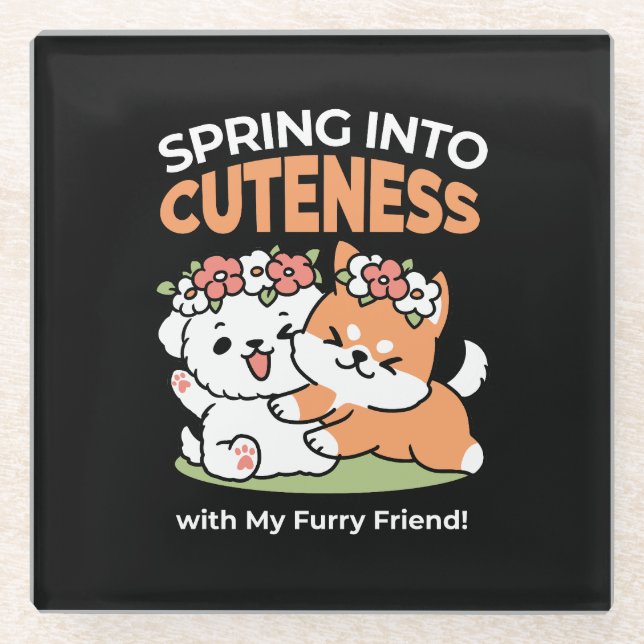 Playful Dogs with Flower Crowns – Fun Spring Theme Glass Coaster (Front)