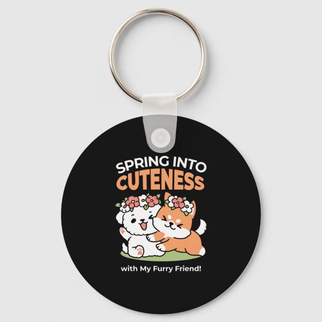 Playful Dogs with Flower Crowns – Fun Spring Theme Key Ring (Front)
