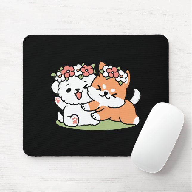 Playful Dogs with Flower Crowns – Fun Spring Theme Mouse Mat (With Mouse)