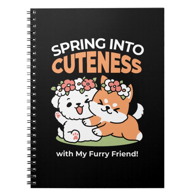 Playful Dogs with Flower Crowns – Fun Spring Theme Notebook (Front)