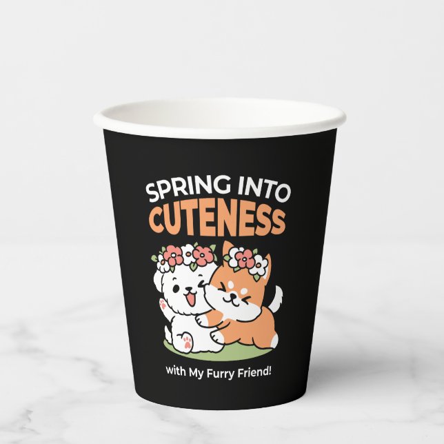 Playful Dogs with Flower Crowns – Fun Spring Theme Paper Cups (Front)