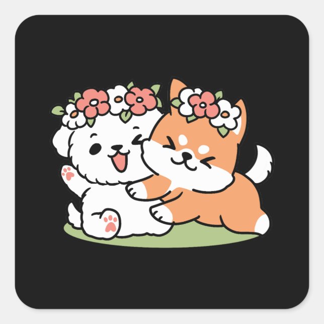 Playful Dogs with Flower Crowns – Fun Spring Theme Square Sticker (Front)
