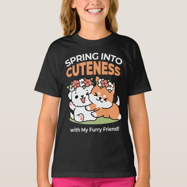 Playful Dogs with Flower Crowns – Fun Spring Theme T-Shirt (Front)