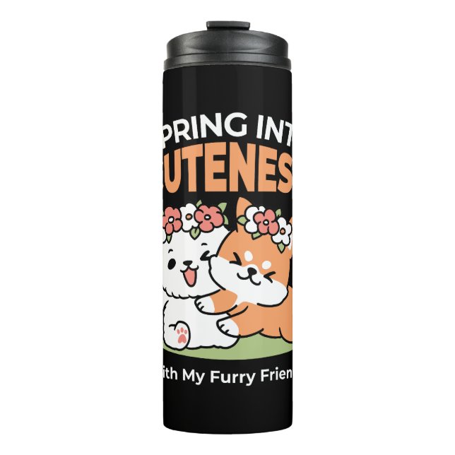 Playful Dogs with Flower Crowns – Fun Spring Theme Thermal Tumbler (Front)