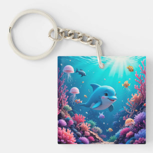 Playful Dolphin and Colourful Marine Life Key Ring
