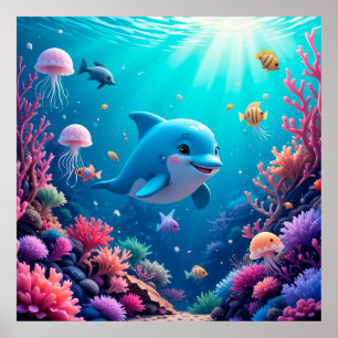 Playful Dolphin and Colourful Marine Life Poster