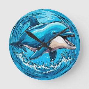 Playful Dolphin Jumping in Splashes of Water Round Clock