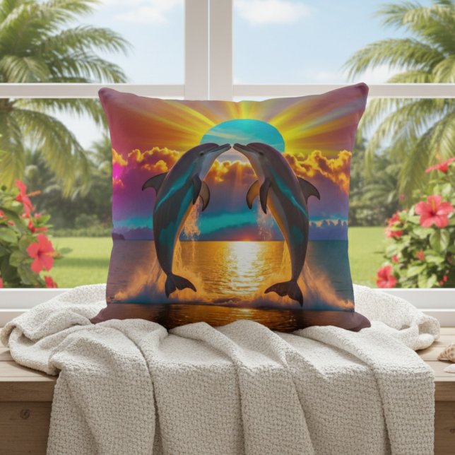 Playful Dolphin Ocean Art Decorative Pillow (Creator Uploaded)
