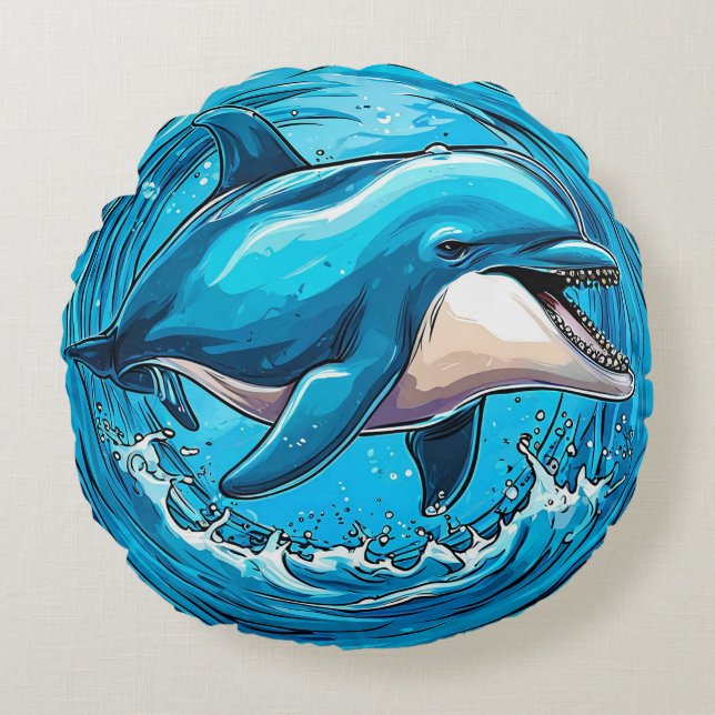 Playful Dolphin Waves For Beach Home Style Round Cushion (Front)
