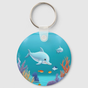 Playful Dolphins Exploring a Vivid Coral Reef Key Ring