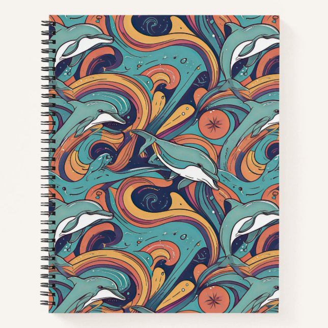 Playful Dolphins Pattern – Ocean-Inspired Design Notebook (Front)