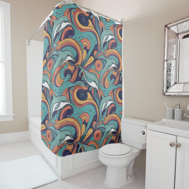 Playful Dolphins Pattern – Ocean-Inspired Design Shower Curtain (In Situ)
