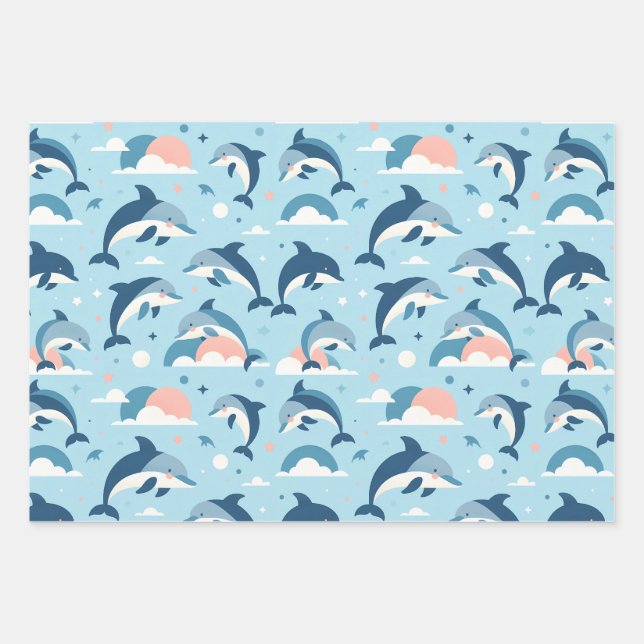 Playful Dolphins Pattern Wrapping Paper Sheet (Front)