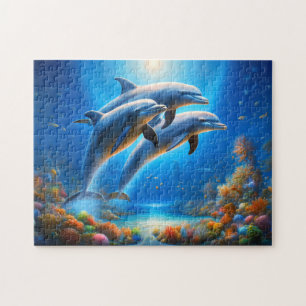 Playful Dolphins Vibrant Underwater Ocean Scene Jigsaw Puzzle