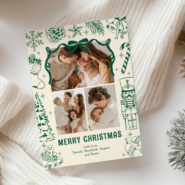 Playful Doodle 3 Photo Christmas Holiday Card (Creator Uploaded)