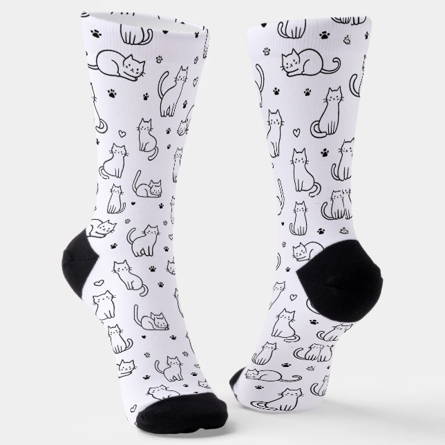Playful Doodle Cat Crew Socks (Angled)