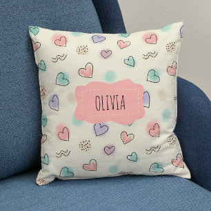 Playful Doodles of Hearts, Dots and Wavy Lines Cushion