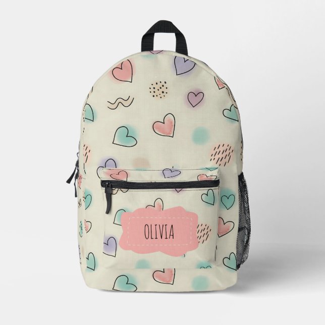 Playful Doodles of Hearts, Dots and Wavy Lines Printed Backpack (Front)