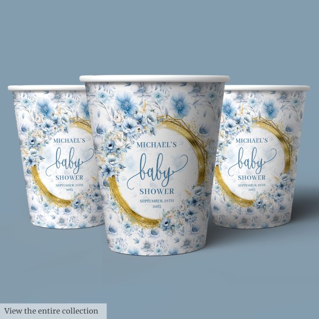 Playful dusty blue watercolor flowers gold baby  paper cups (Playful dusty blue watercolor flowers gold baby Paper Cups)