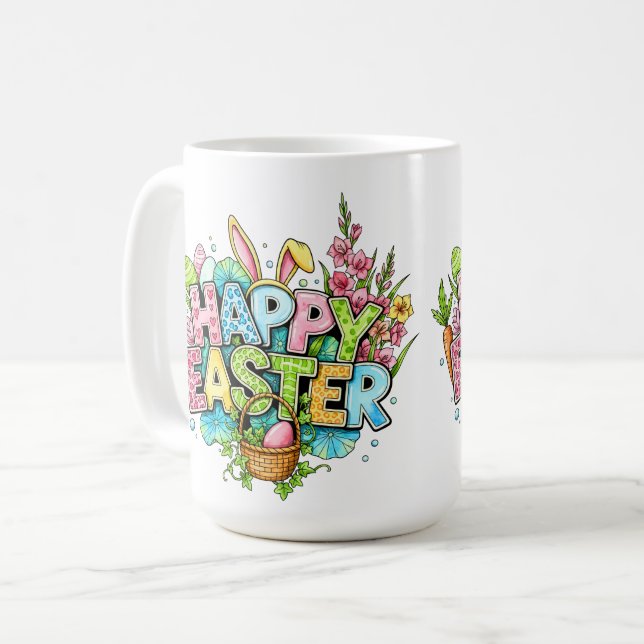 Playful Easter Artwork With Bunny Ears and Florals Coffee Mug (Front Left)