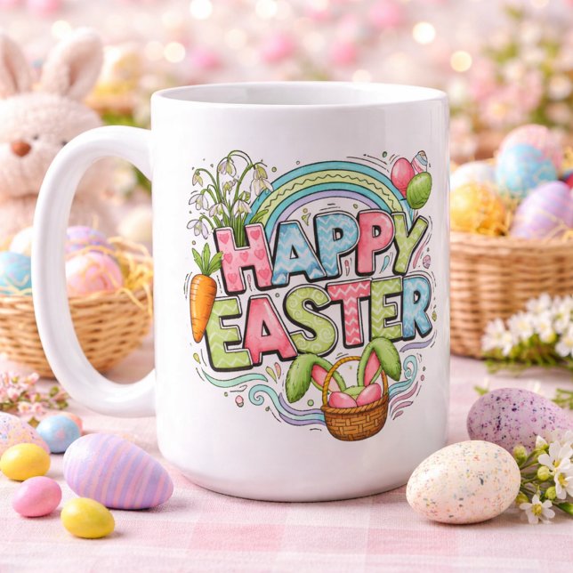Playful Easter Artwork With Bunny Ears and Florals Coffee Mug (Creator Uploaded)