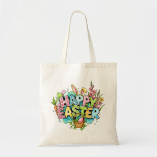 Playful Easter Artwork With Bunny Ears and Florals Tote Bag