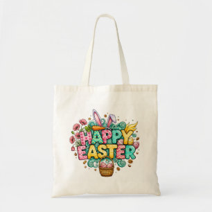 Playful Easter Artwork With Bunny Ears and Florals Tote Bag