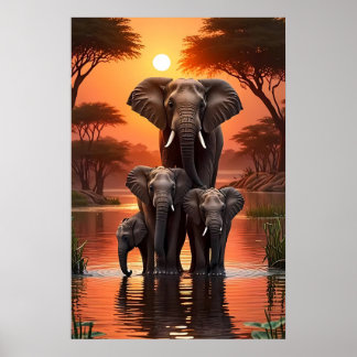 Playful Elephant Herd by the Riverbank Poster –