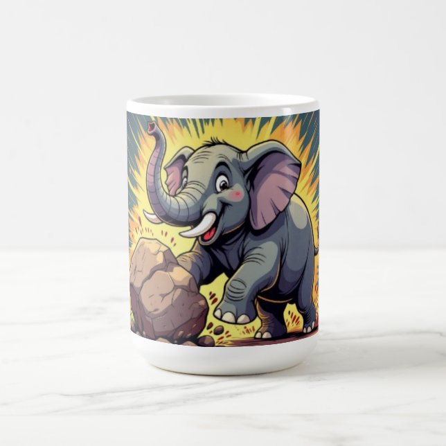 Playful Elephant Pushing a Rock – Fun Cartoon Anim Coffee Mug (Center)
