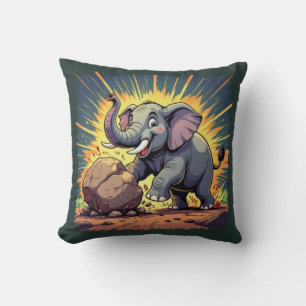 Playful Elephant Pushing a Rock – Fun Cartoon Anim Cushion