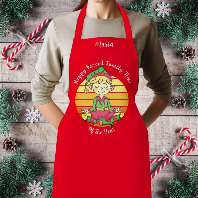 Playful Elf Forced Family Time Holiday Design Apron (Funny Happy Forced Family Time Of The Year Apron, Customize, Personalize.)