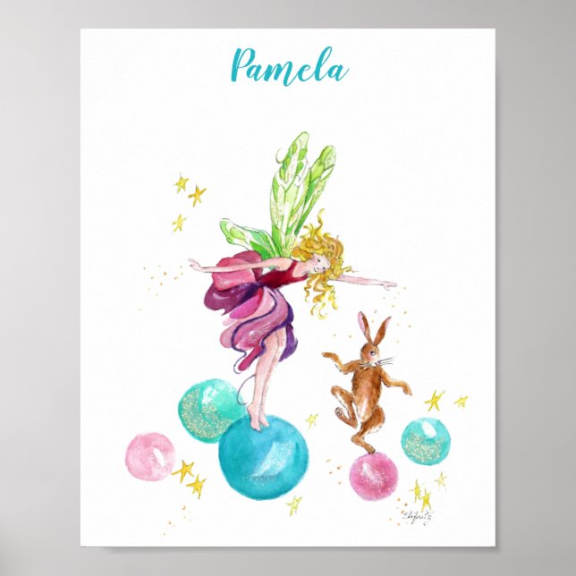 Playful Fairy on Colored Balls with Rabbit Poster (Front)