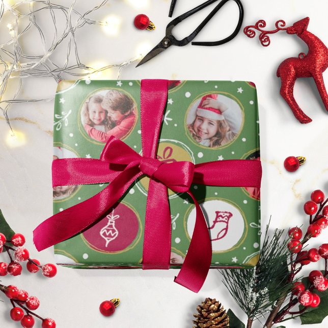Playful Family Photo Collage Christmas Green Wrapping Paper (Creator Uploaded)