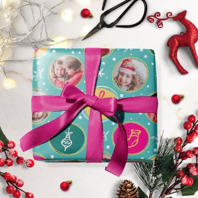 Playful Family Photo Collage Christmas Mint Wrapping Paper (Creator Uploaded)
