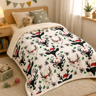 Playful Festive Christmas Reindeer Nursery & Kids Sherpa Blanket