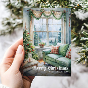 Playful festive scene card red green watercolor 