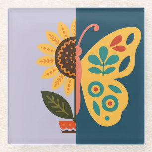 Playful floral and butterfly design glass coaster