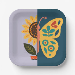 Playful floral and butterfly design paper plate
