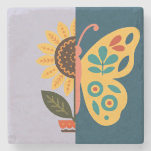 Playful floral and butterfly design stone coaster